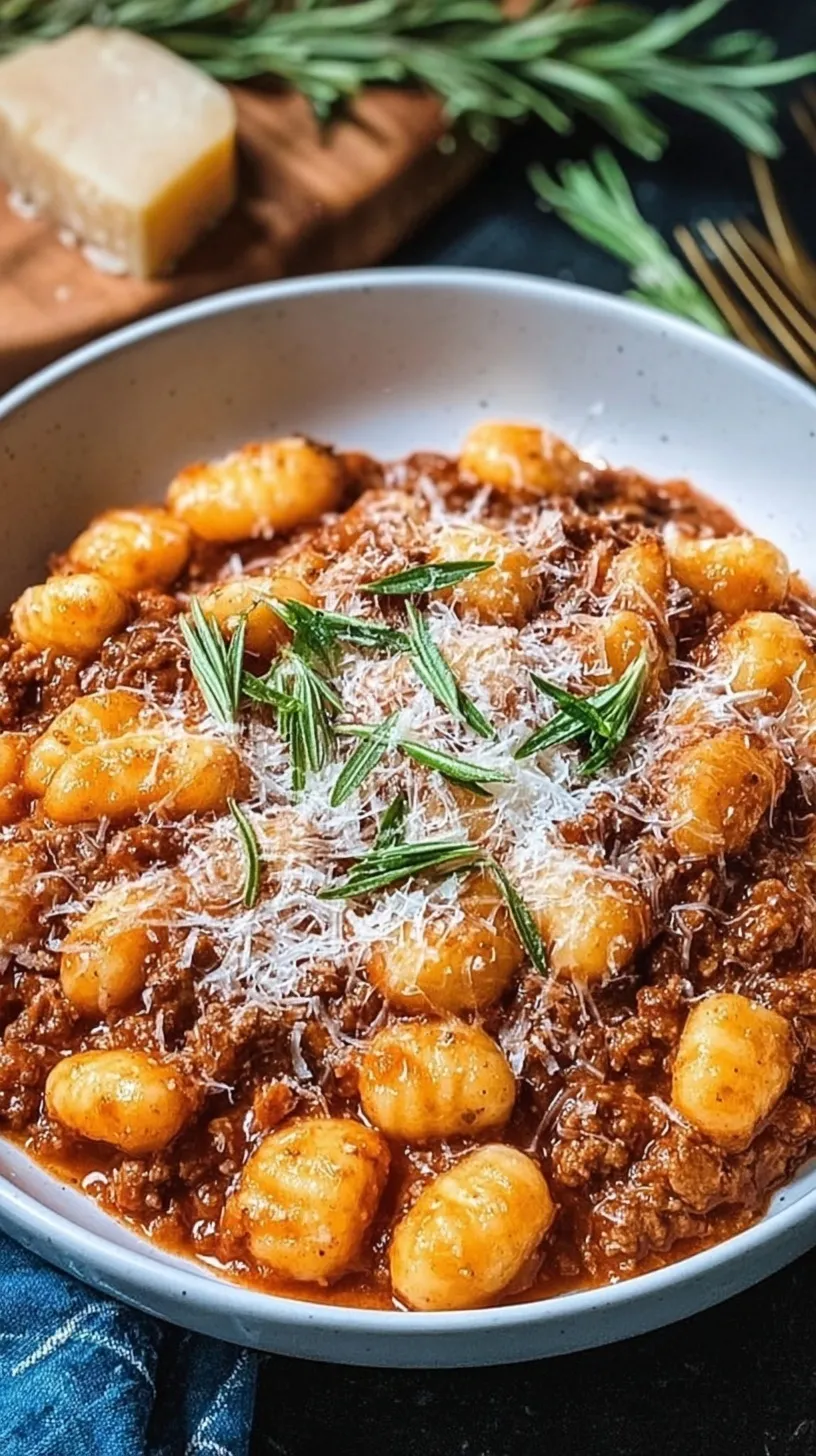 A bowl of soft potato gnocchi coated in rich, red meat sauce with grated parmesan cheese on top.