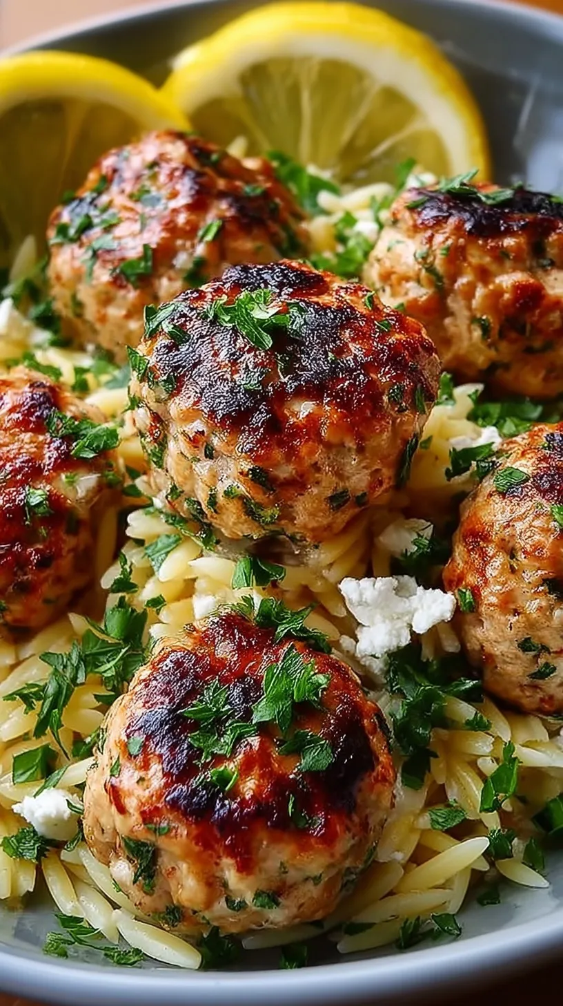 Golden seared chicken meatballs served over a bed of lemon orzo pasta and fresh baby spinach in a large skillet.