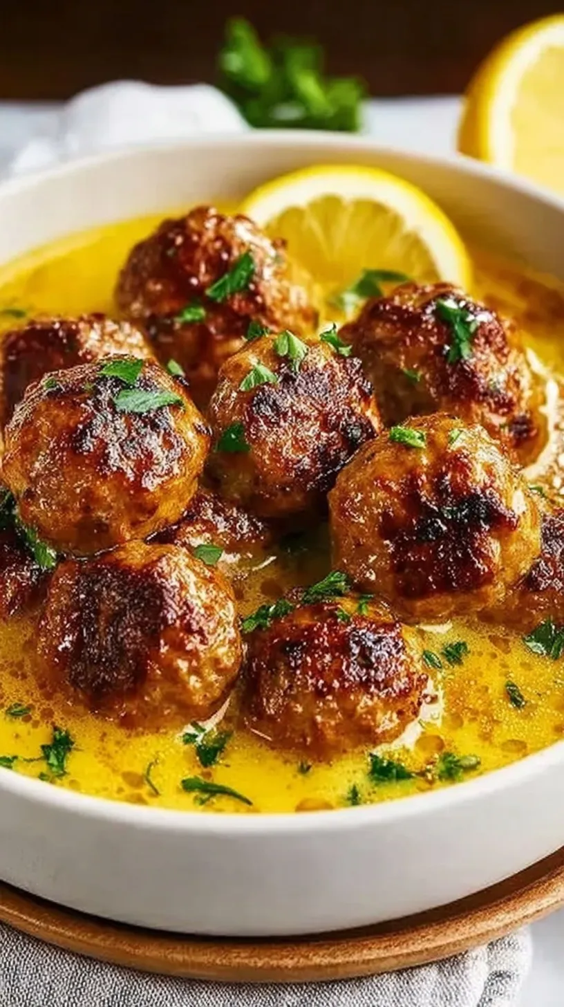 A bowl of Greek meatball soup with fresh dill and lemon slices on a wooden table