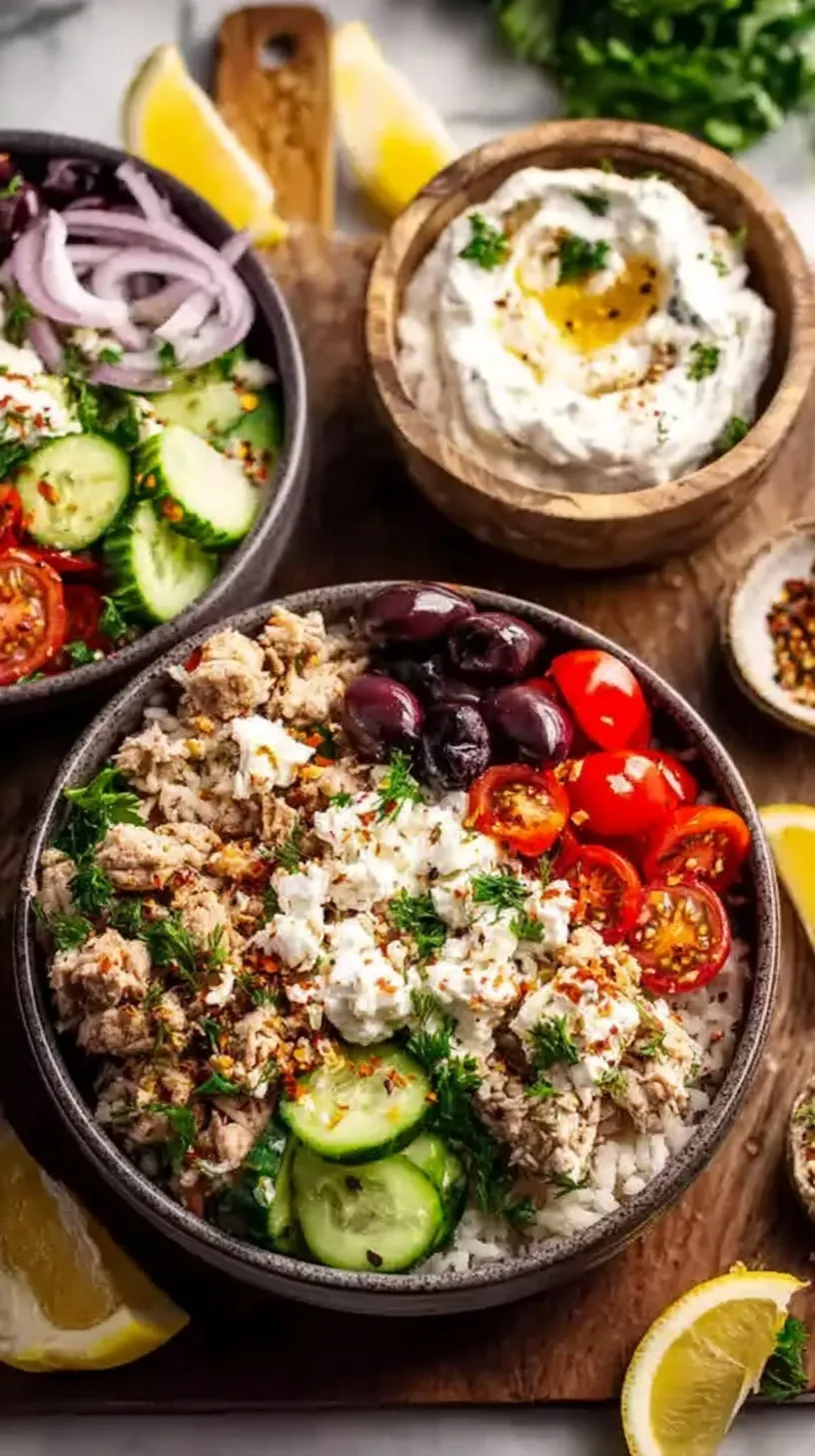 A colorful Greek turkey rice bowl with fresh cucumbers, tomatoes, and feta cheese.