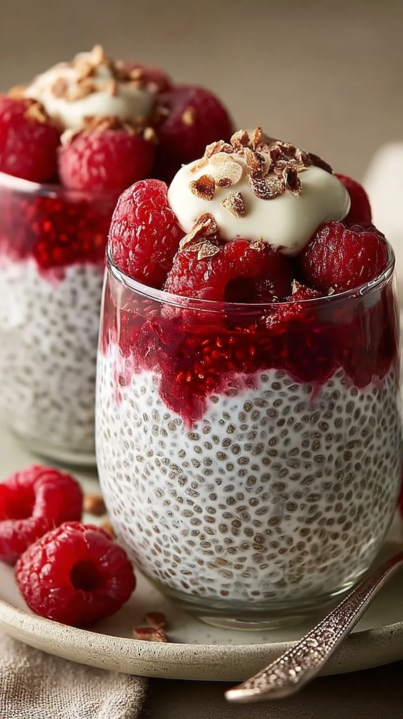 A glass jar filled with creamy Greek yogurt chia pudding topped with fresh berries.