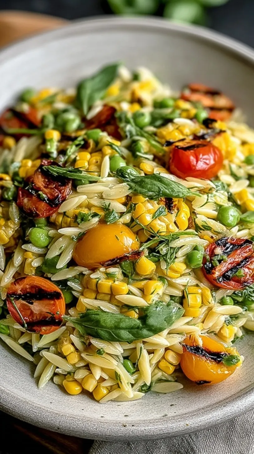 A vibrant bowl of Grilled Corn Orzo Salad with cherry tomatoes, cucumbers, and feta cheese.