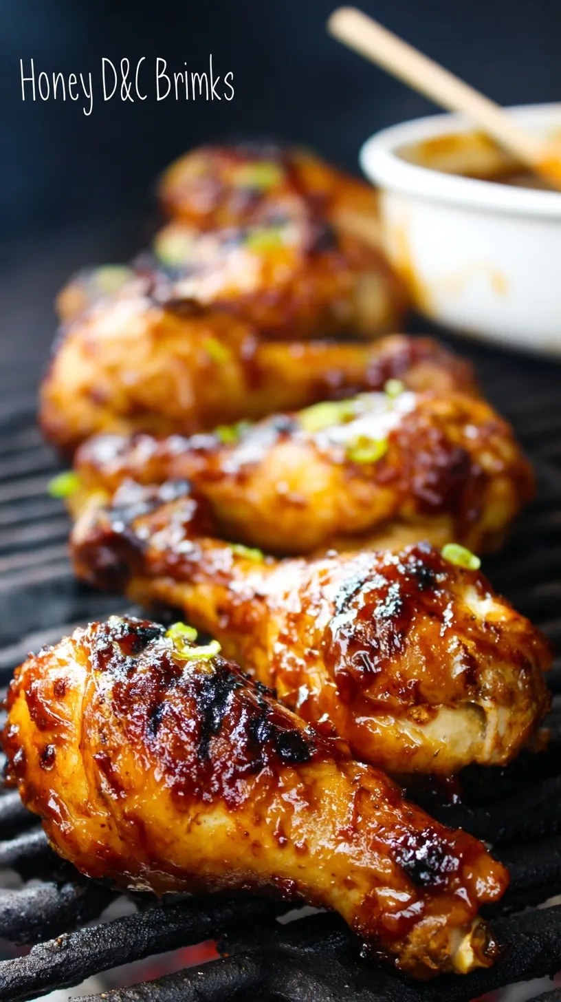 Golden brown grilled chicken drumsticks glazed with sticky honey barbecue sauce on a grill grate