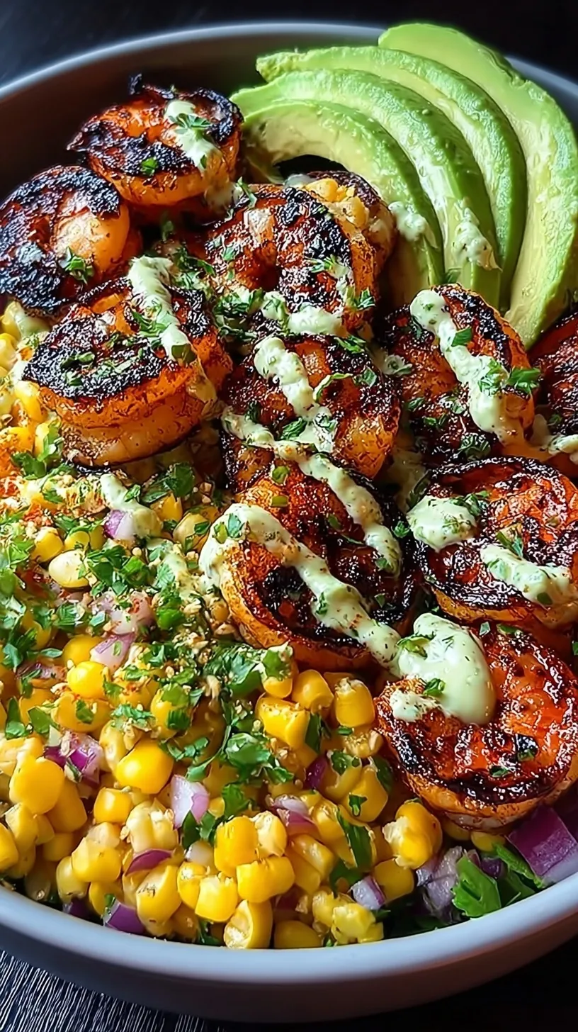 A vibrant grilled shrimp bowl with fresh corn salsa, sliced avocado, and a drizzle of white garlic sauce over jasmine rice.