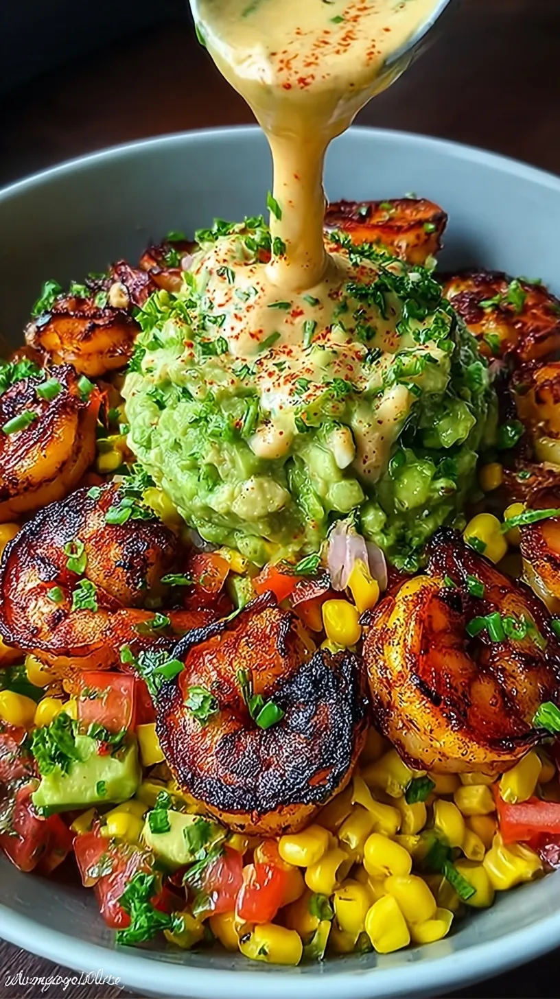 A vibrant grilled shrimp bowl with jasmine rice, roasted corn salsa, and sliced avocado drizzled with lime crema.