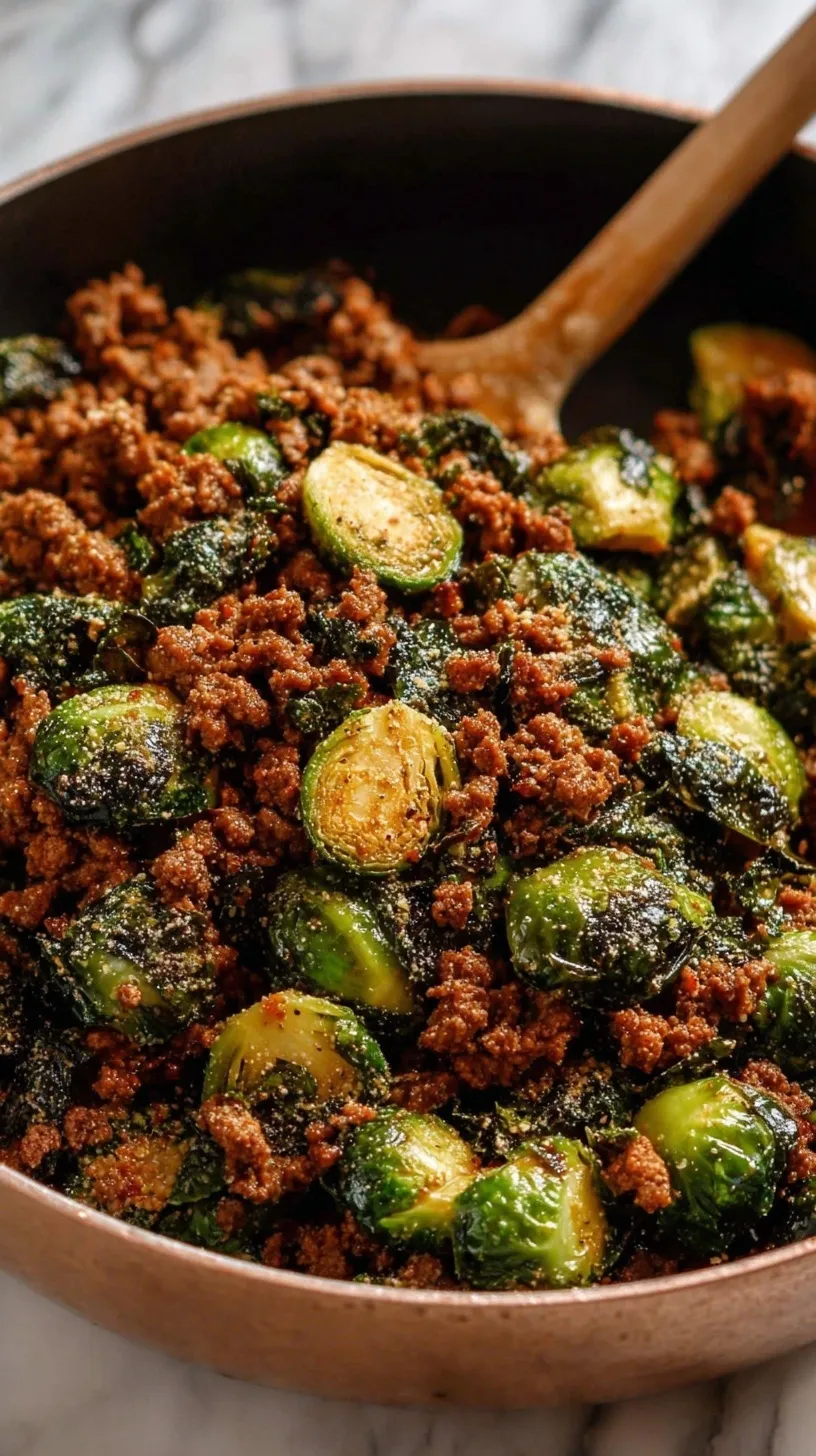 A cast iron skillet filled with browned ground beef and caramelized halved brussels sprouts