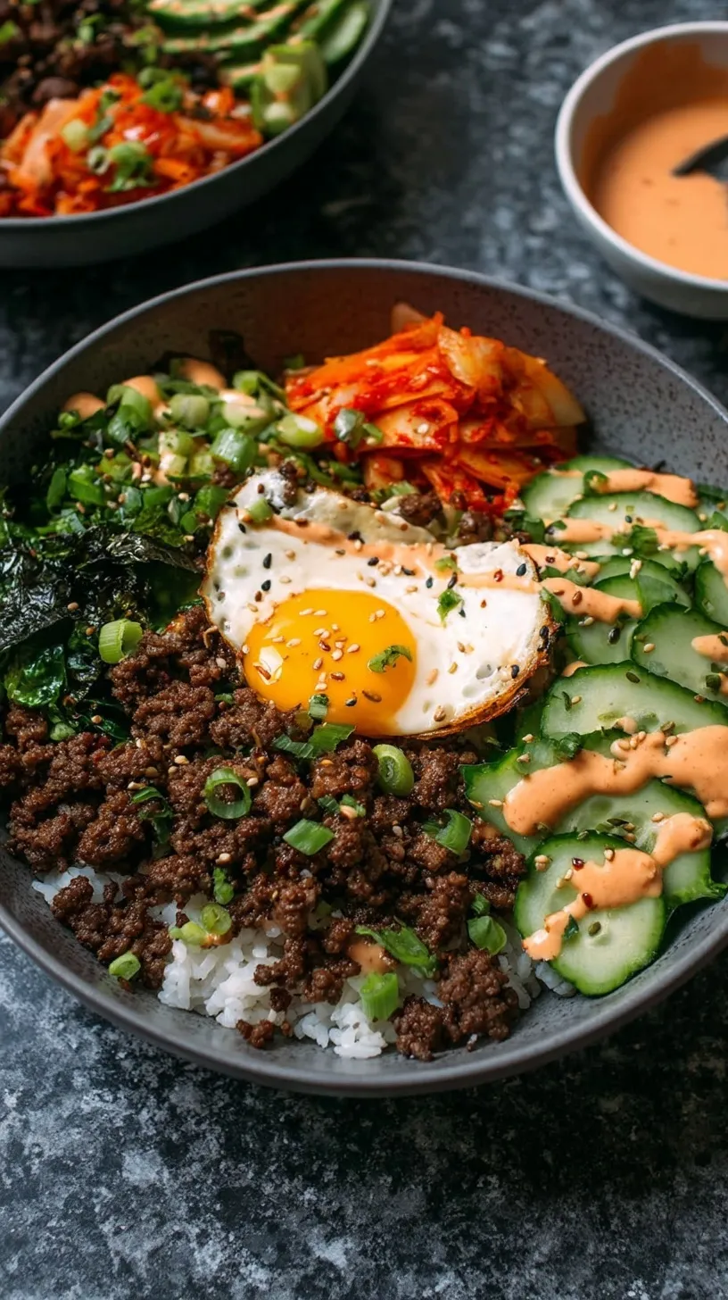 A colorful bowl of ground beef bulgogi over white rice with shredded carrots, cucumbers, and a drizzle of creamy kimchi sauce.