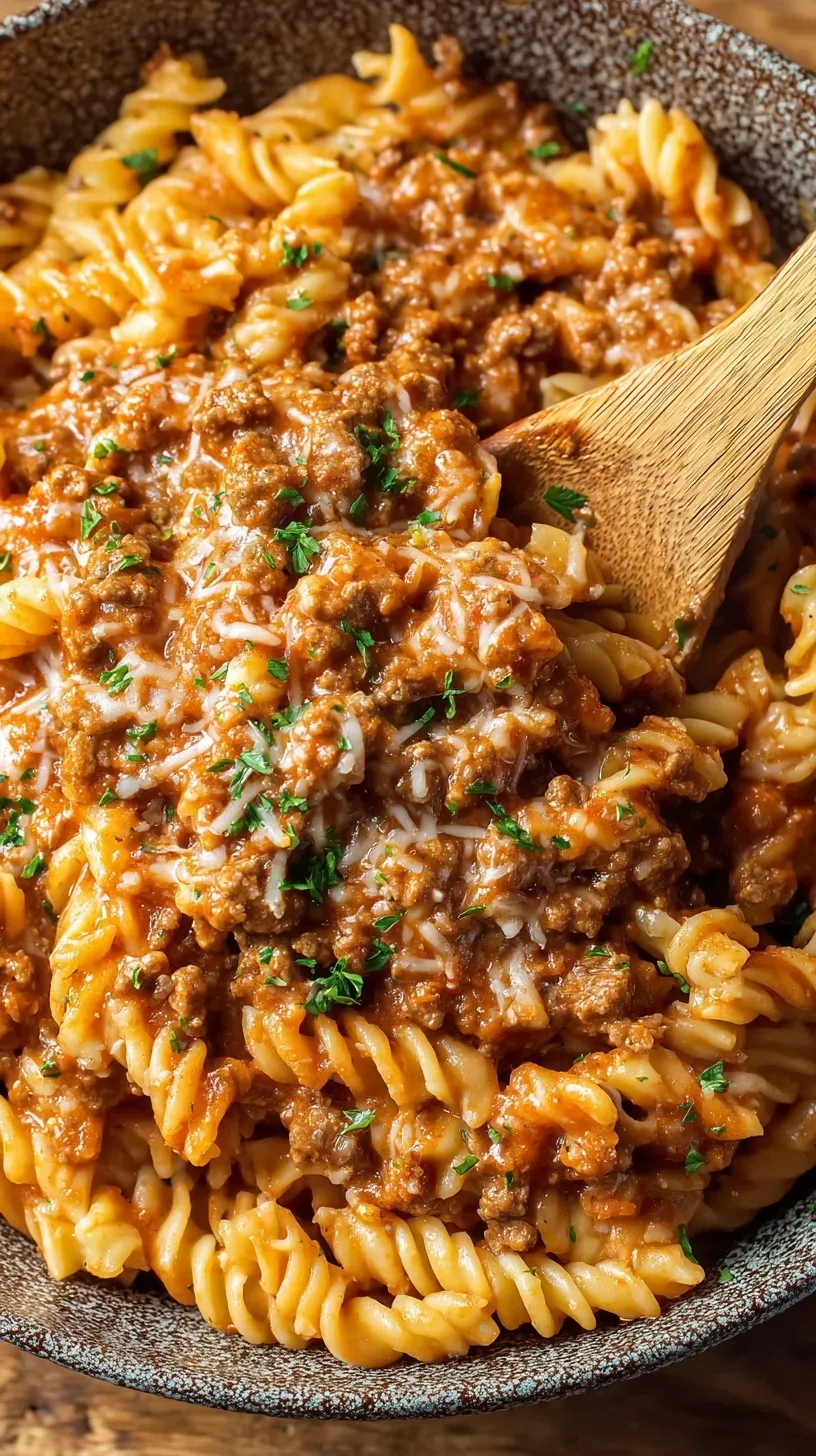 A hearty bowl of ground beef pasta with penne, savory tomato sauce, and grated parmesan cheese on top.