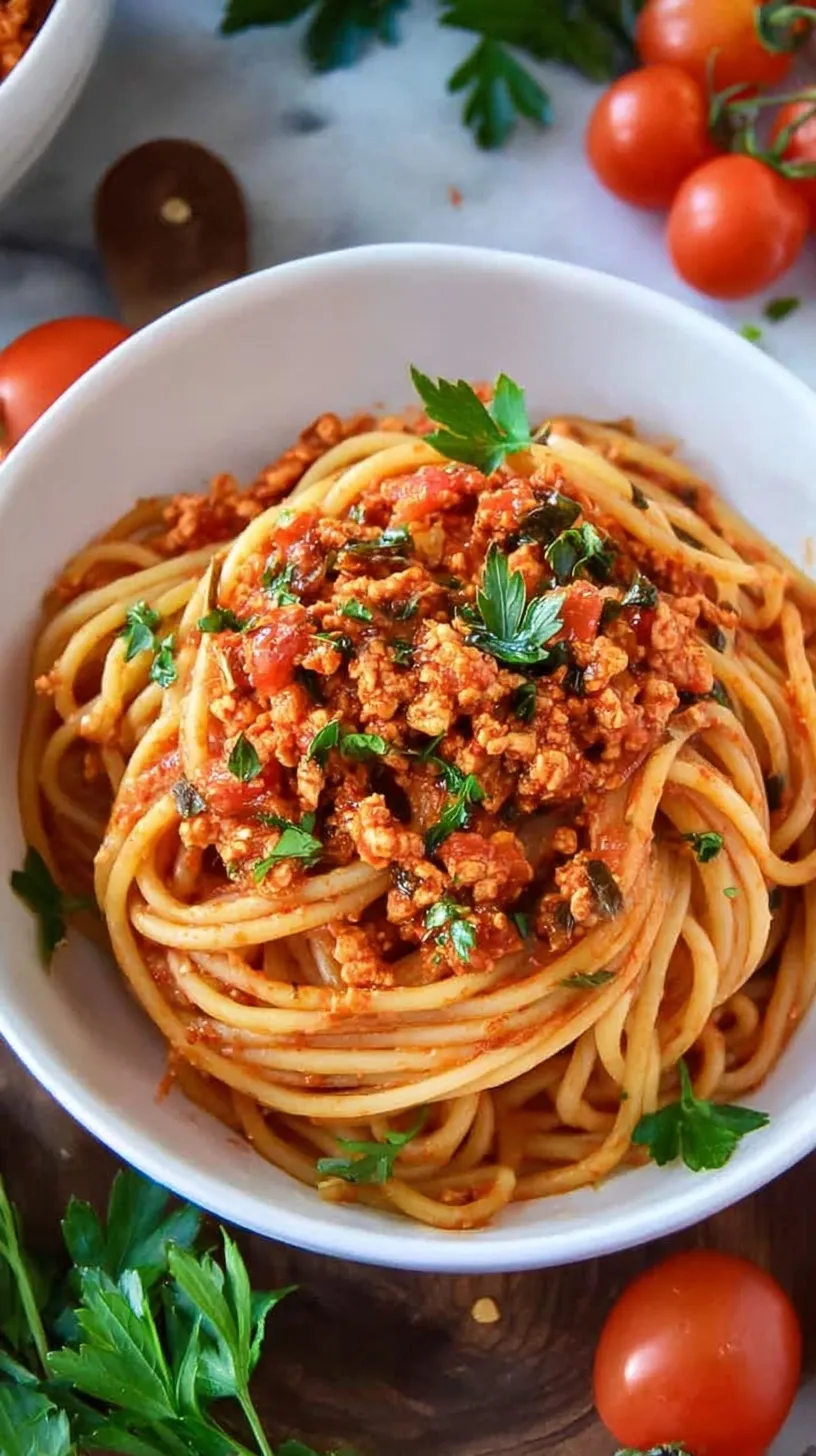 A steaming bowl of spaghetti with ground chicken tomato sauce topped with parmesan and parsley