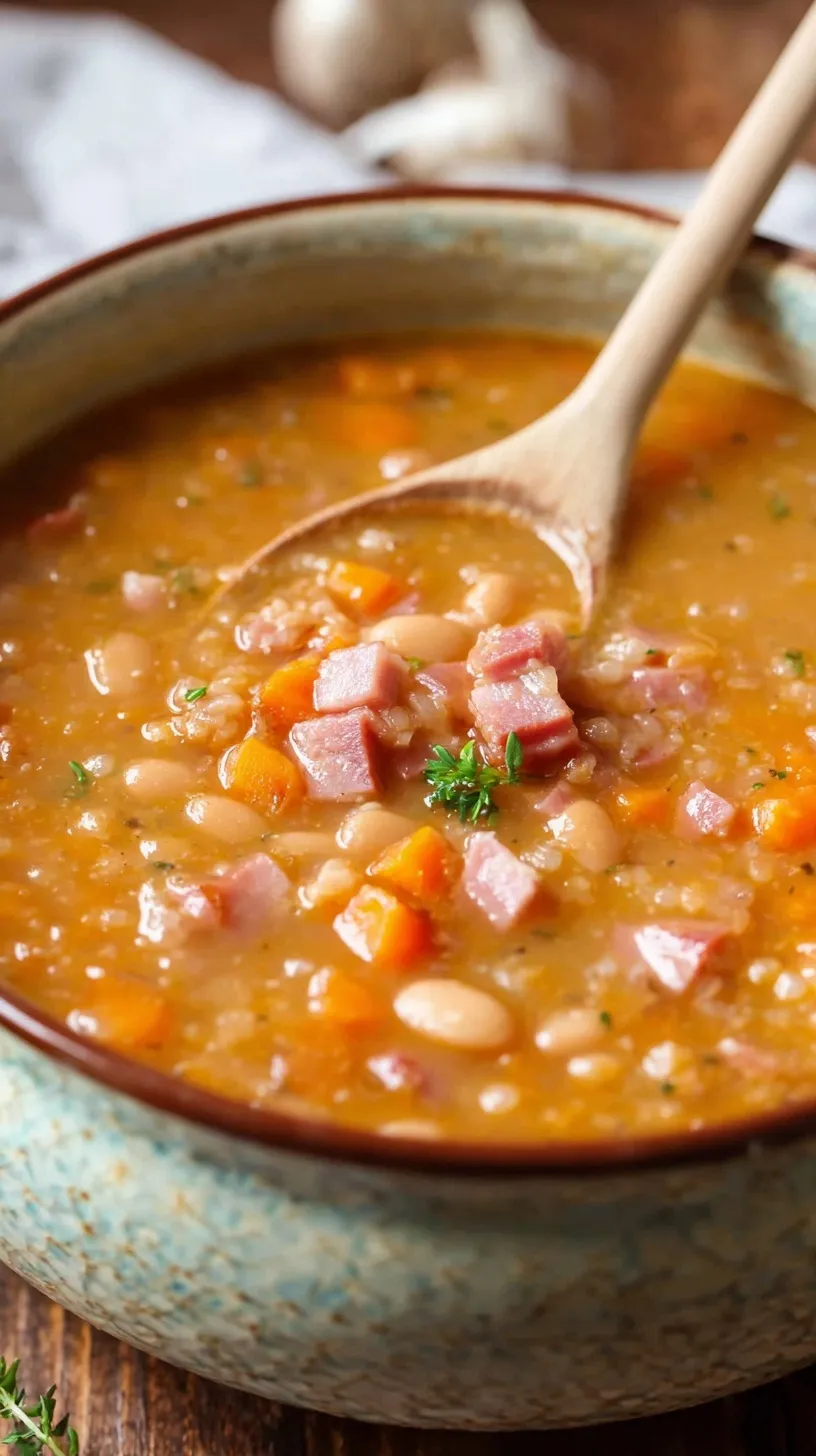 A steaming bowl of ham and bean soup with carrots and celery in a white bowl