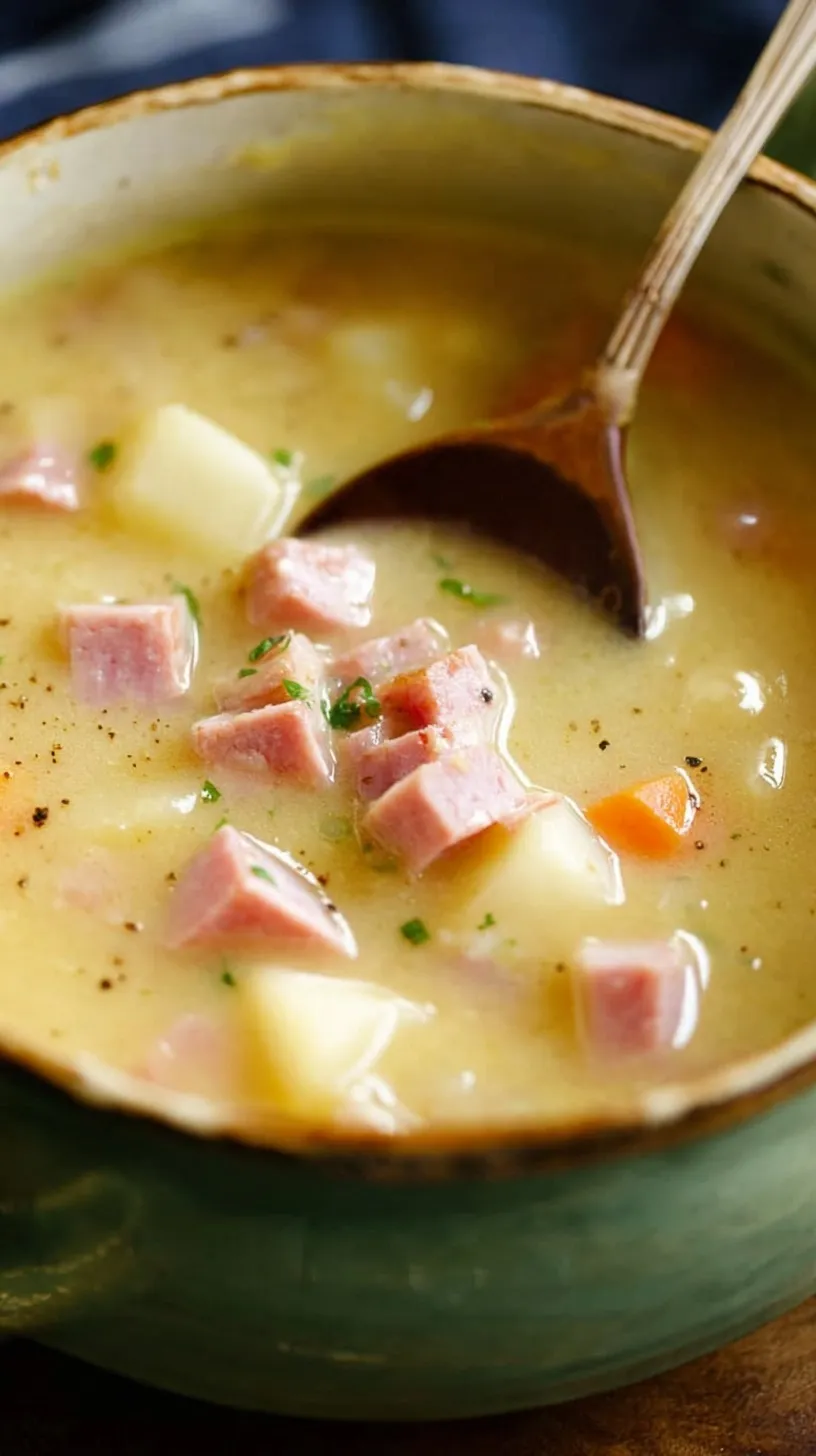 A white bowl filled with creamy ham and potato soup topped with fresh herbs and black pepper
