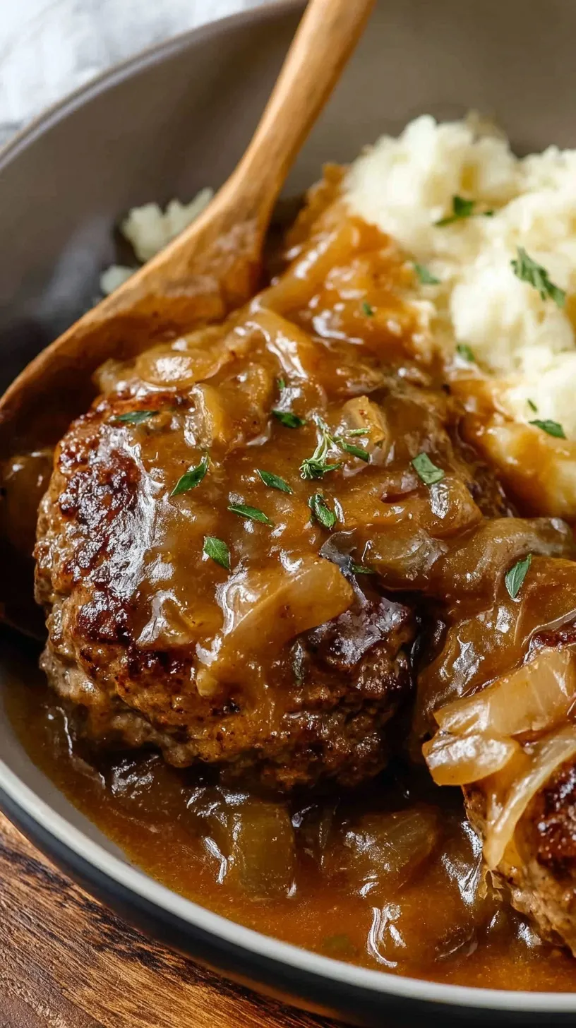 Juicy hamburger steak patties smothered in a rich brown onion gravy in a black skillet.