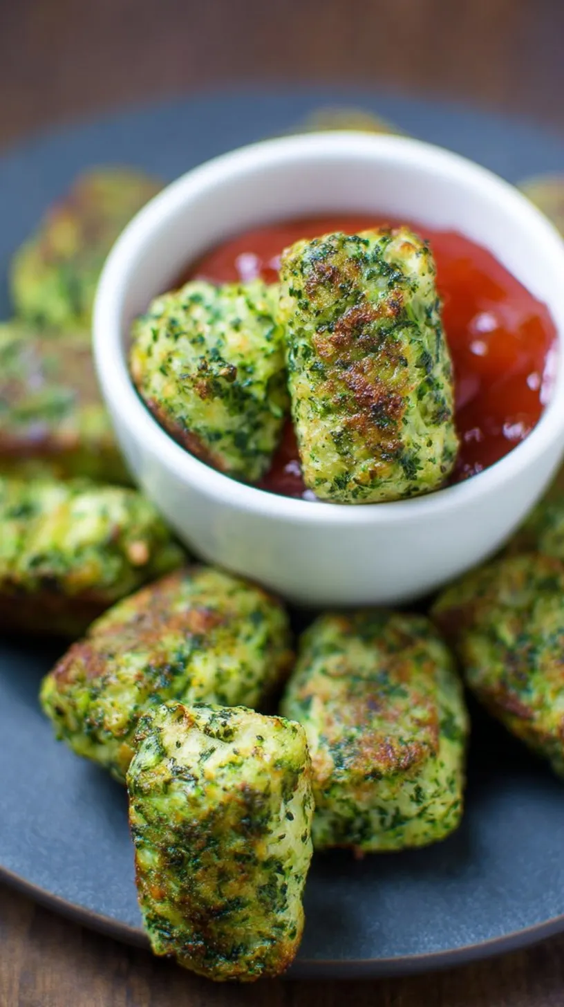 Golden brown baked broccoli tots served on a baking sheet with a side of dipping sauce.
