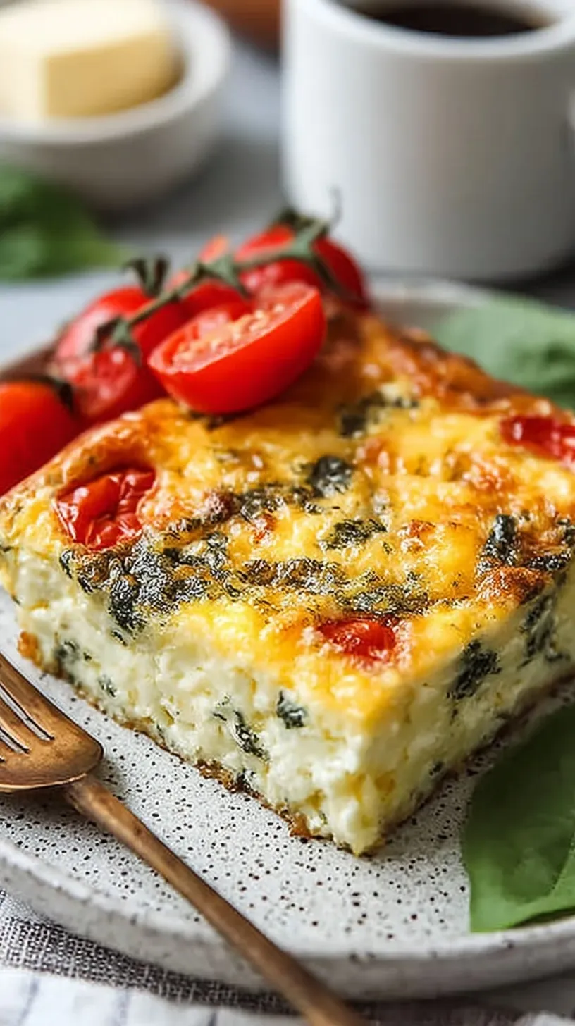 A golden brown healthy cottage cheese egg bake sliced into squares in a white baking dish.