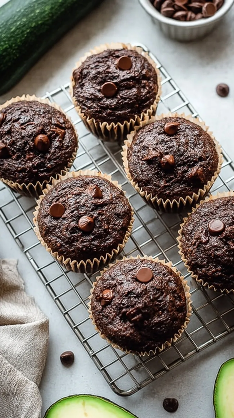 A stack of dark chocolate zucchini muffins on a wire cooling rack with chocolate chips on top.