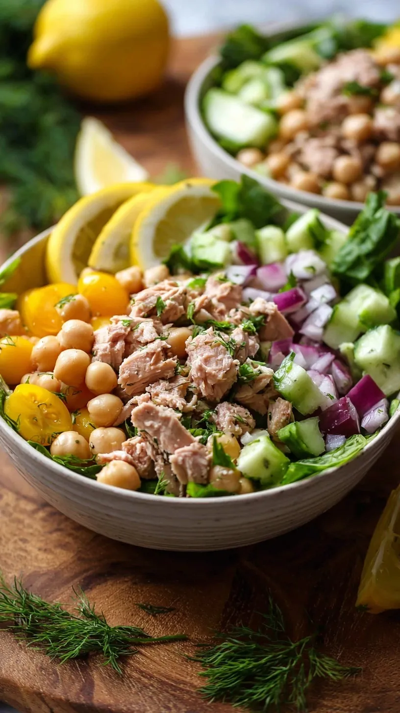 A vibrant bowl of Healthy Tuna Garbanzo Bean Salad with chickpeas, tuna, tomatoes, and cucumber in a light dressing.