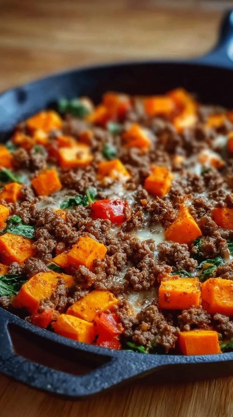 A cast iron skillet filled with browned ground beef, orange sweet potato cubes, and colorful bell peppers.