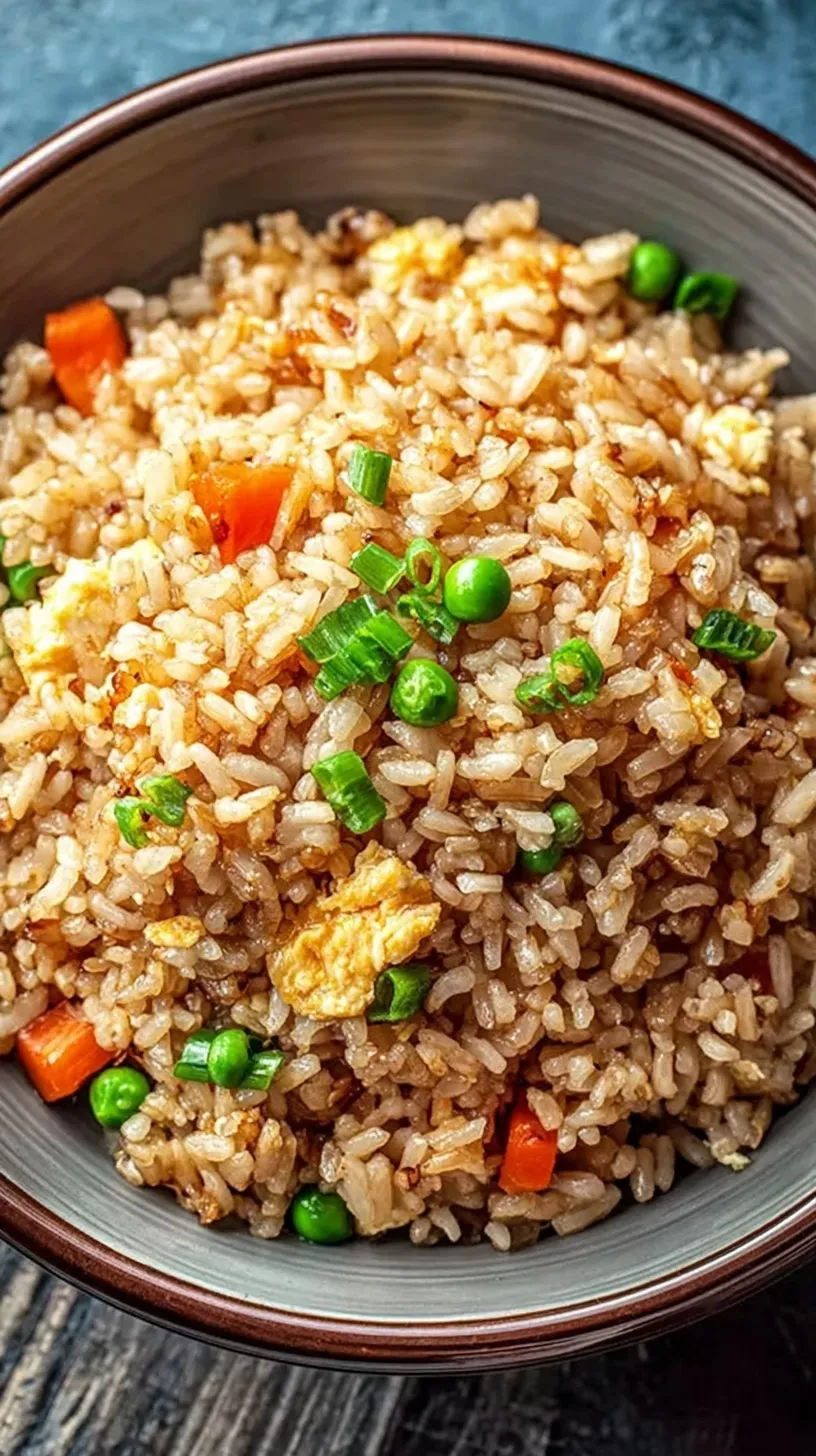 A steaming bowl of buttery Hibachi-style fried rice with golden eggs and fresh green onions.