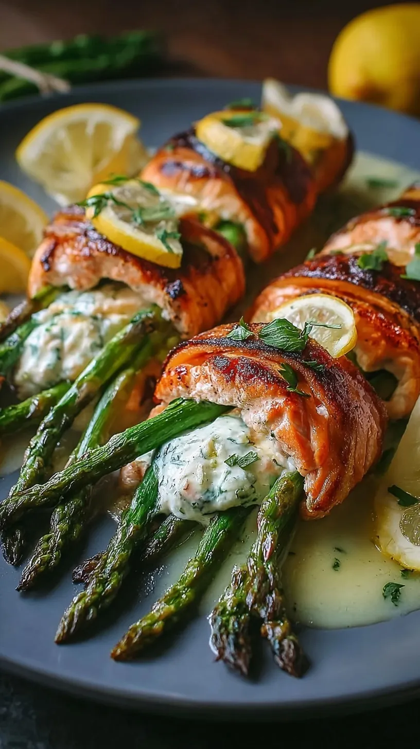Golden baked salmon rolls stuffed with creamy ricotta and fresh green asparagus on a baking sheet.