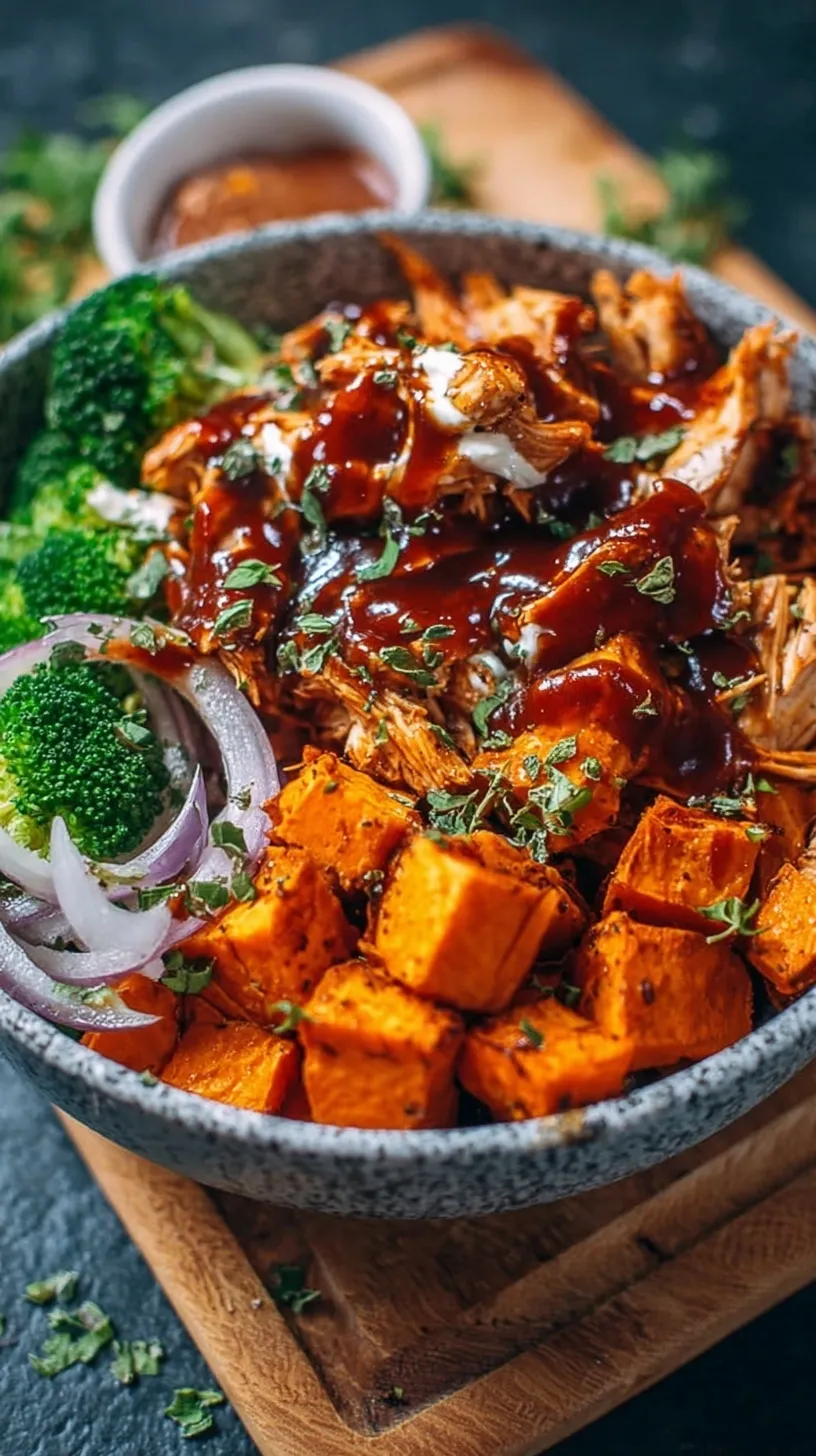 A colorful meal prep bowl with roasted sweet potato cubes, bbq chicken, fresh spinach, and a dollop of greek yogurt.