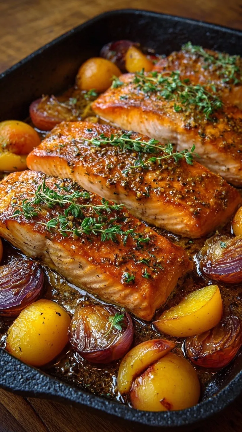 Roasted salmon fillets topped with a golden bourbon peach glaze and fresh thyme
