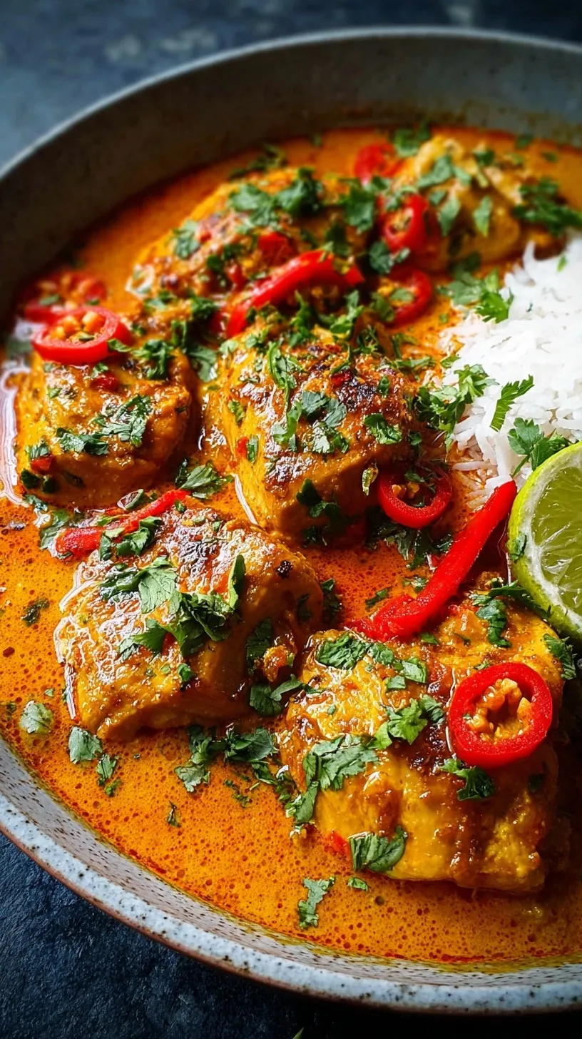 A skillet of creamy Brazilian coconut chicken with red and yellow peppers and fresh cilantro.