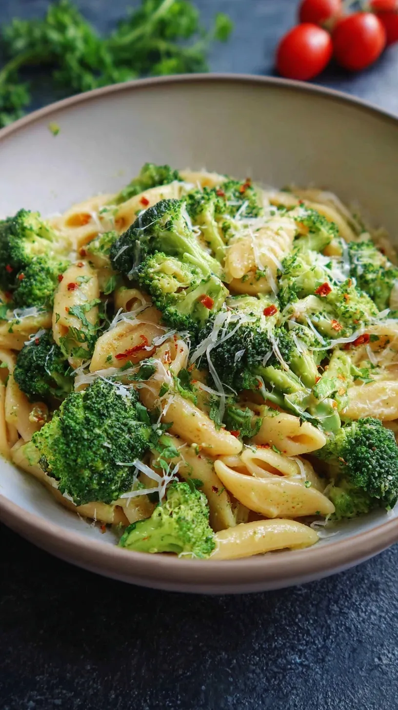 A bowl of creamy chickpea pasta with bright green broccoli and parmesan cheese