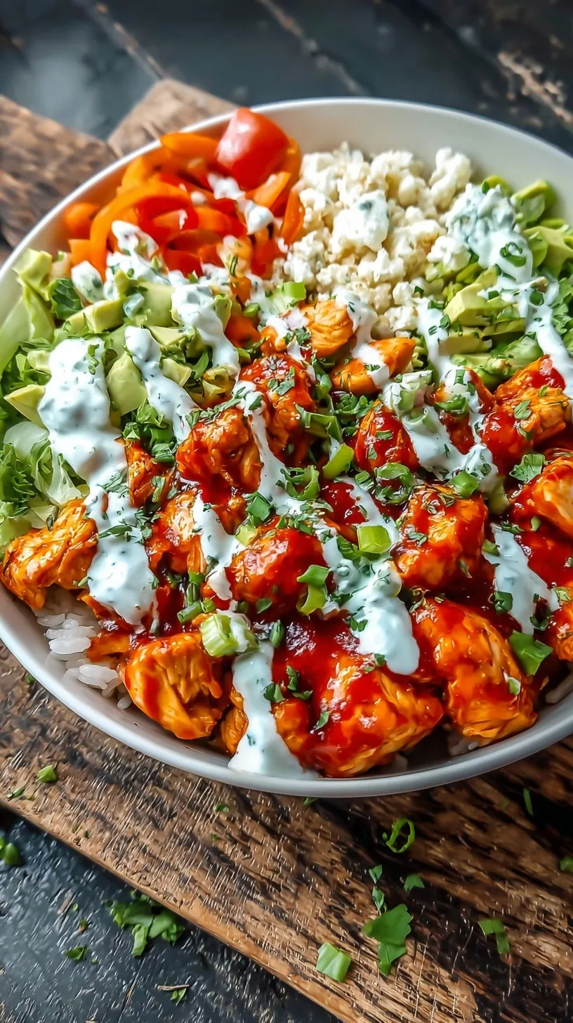 A meal prep container filled with buffalo shredded chicken, cauliflower rice, carrots, and celery topped with blue cheese.