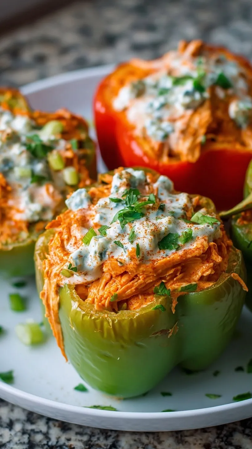 Healthy buffalo chicken stuffed peppers in a baking dish with green onion garnish