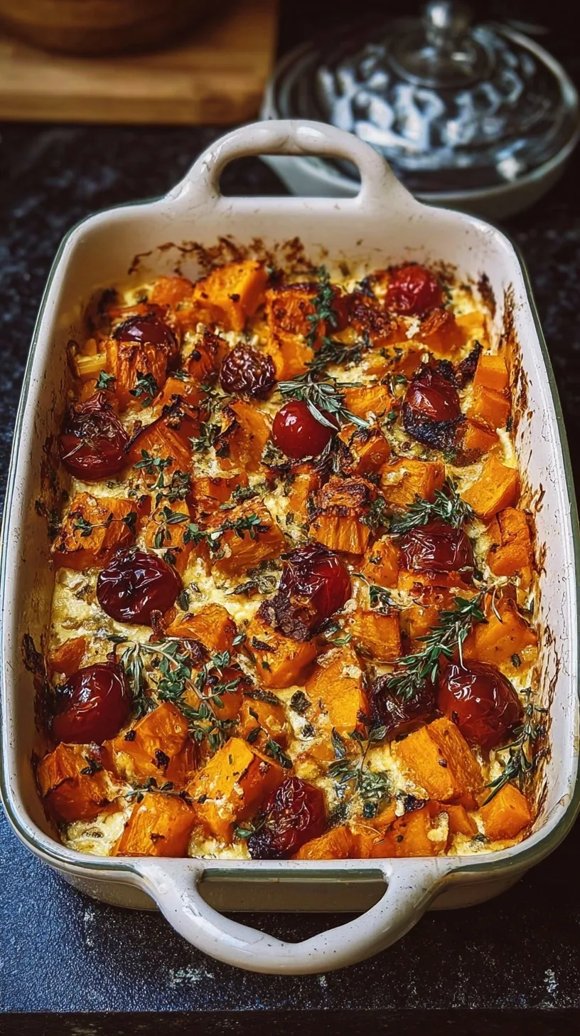 A golden brown high protein butternut squash bake in a white ceramic dish with melted parmesan on top.