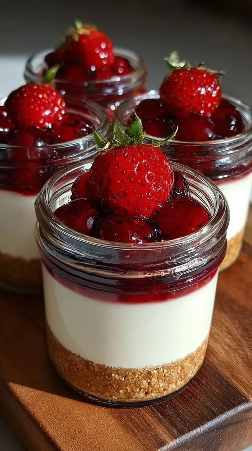 Four small glass jars filled with creamy vanilla protein cheesecake on a kitchen counter