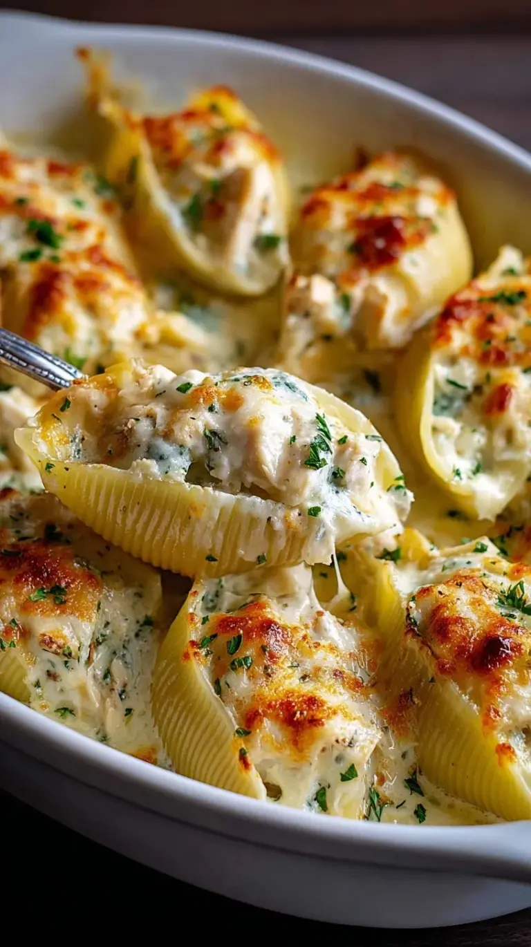 A baking dish filled with golden brown chicken alfredo stuffed shells topped with melted mozzarella cheese.