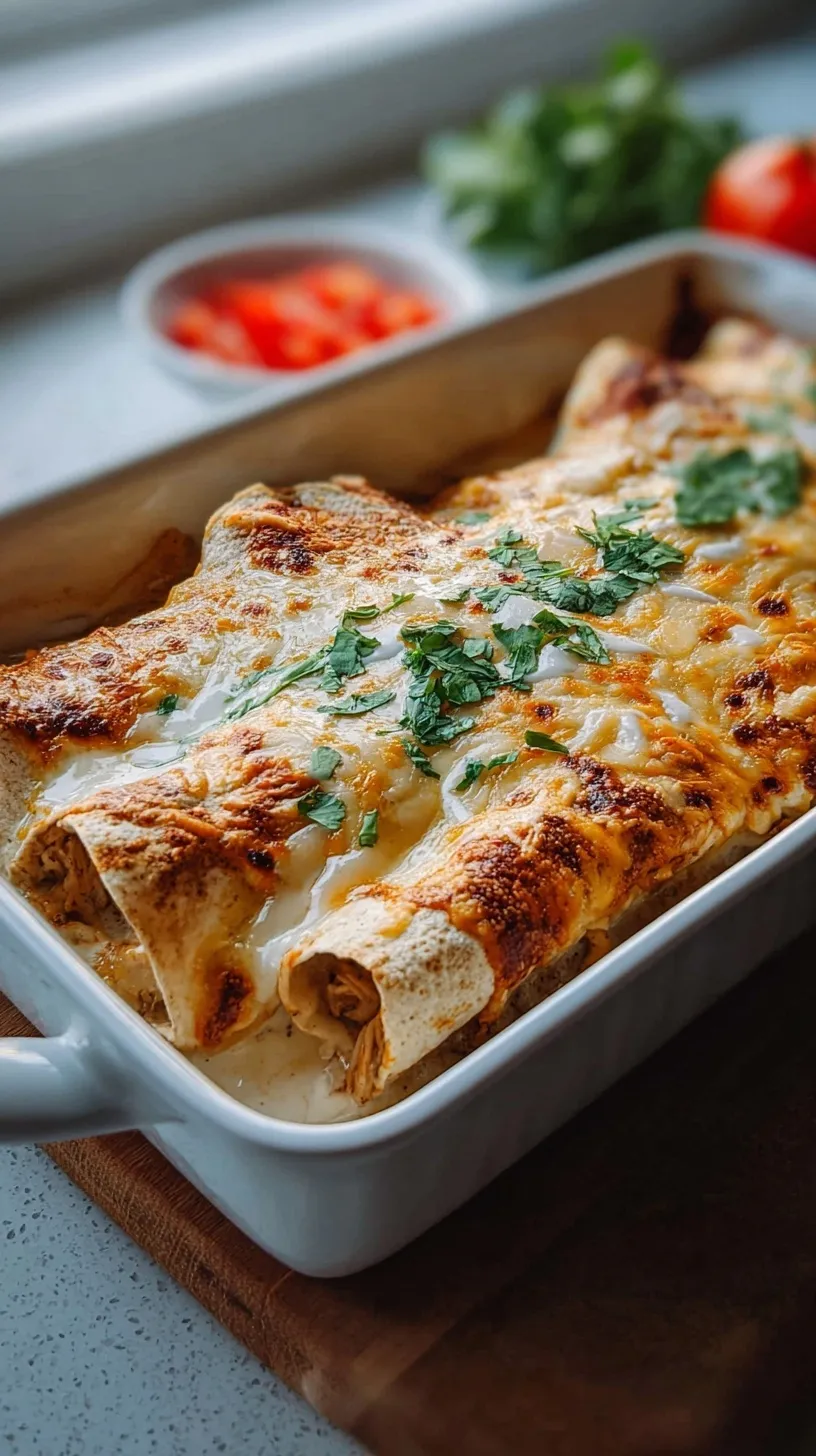 Baking dish of golden high protein chicken enchiladas with white sauce and cilantro