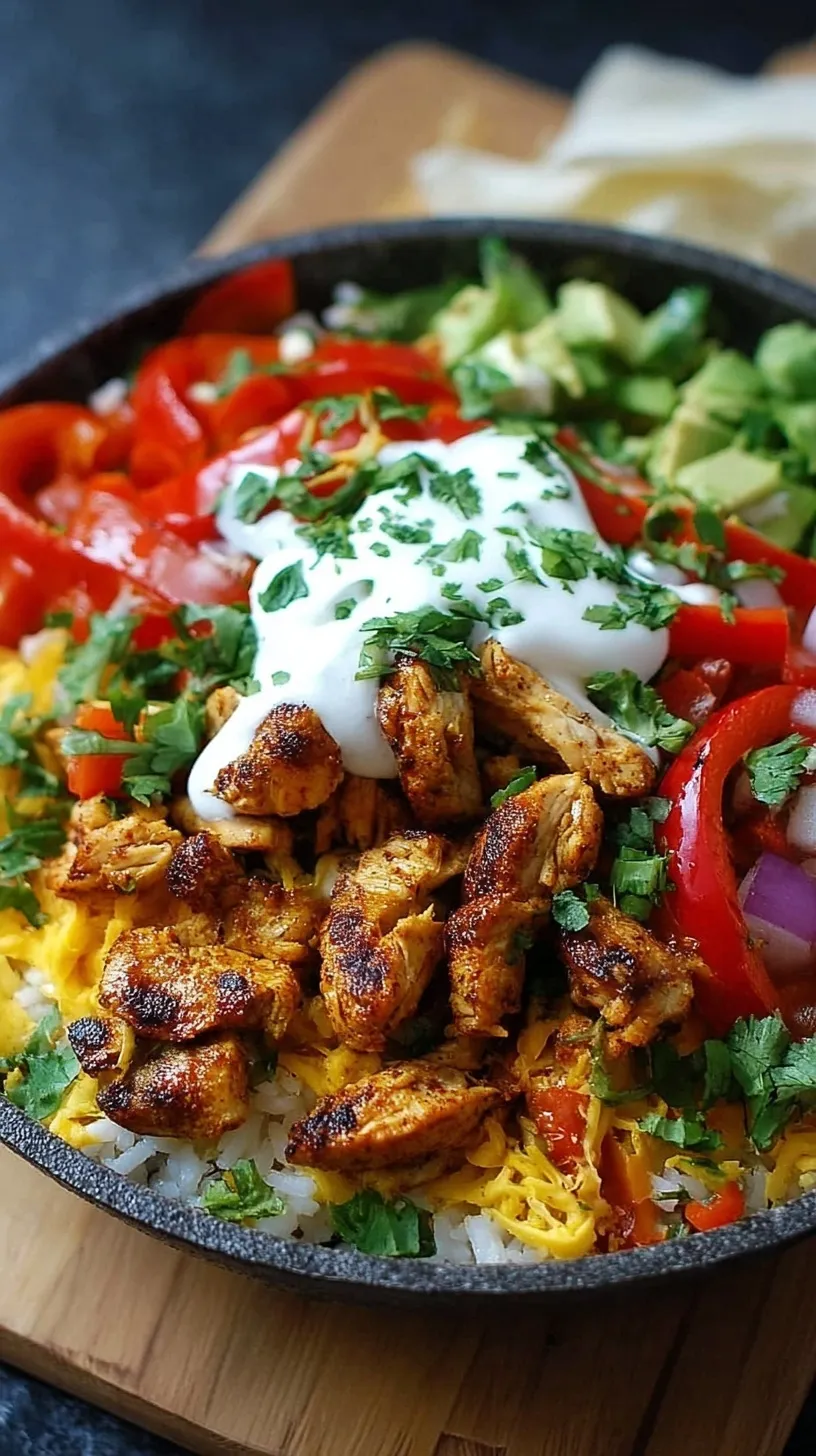 Four colorful bowls filled with seared chicken, charred peppers, onions, and brown rice garnished with cilantro