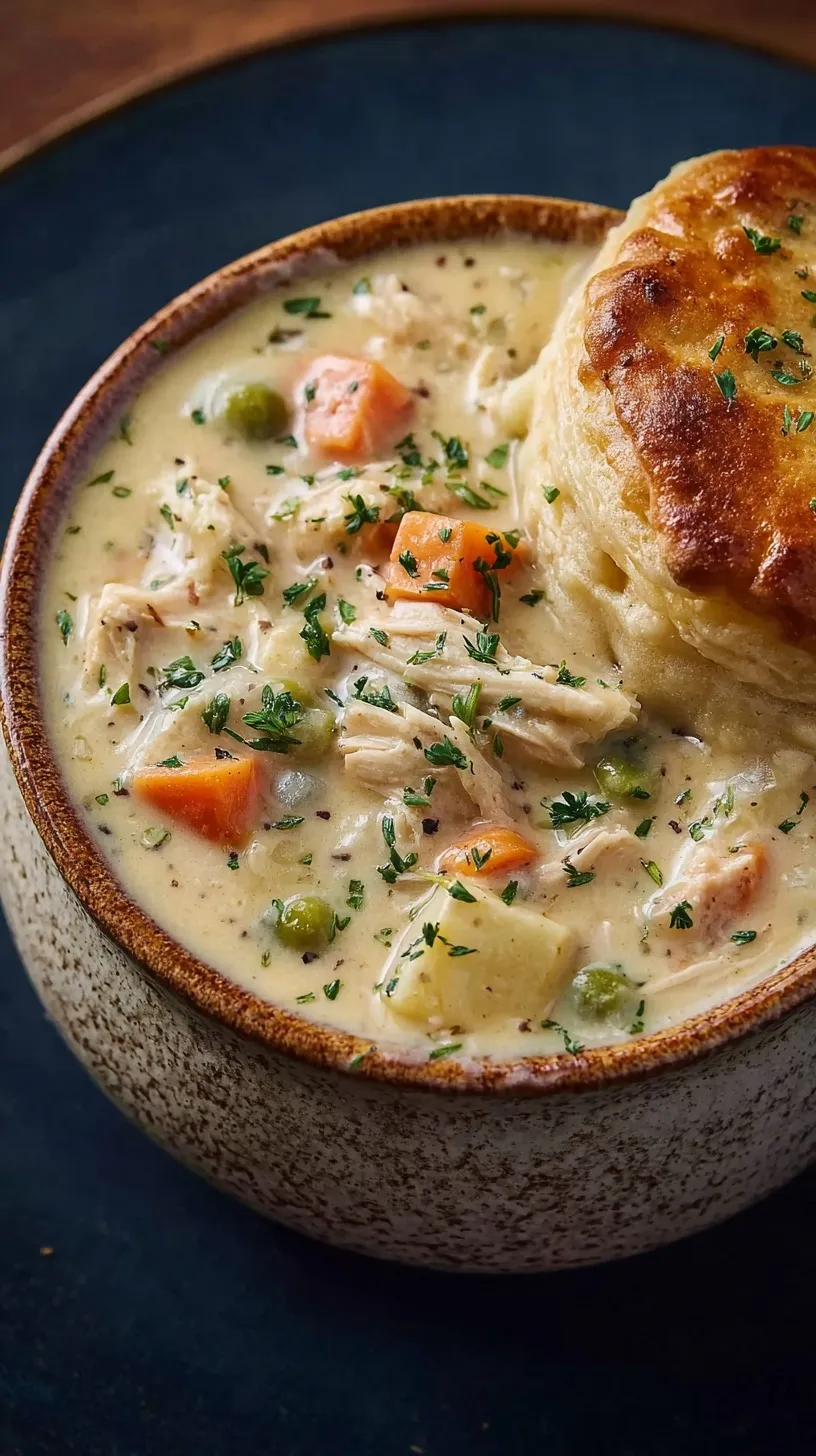A white bowl filled with creamy chicken pot pie soup with carrots, peas, and corn, served with a spoon.