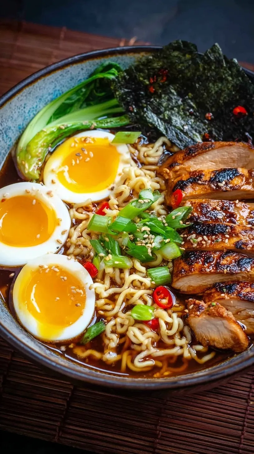 A steaming bowl of high protein chicken ramen with soft boiled eggs and fresh green onions.