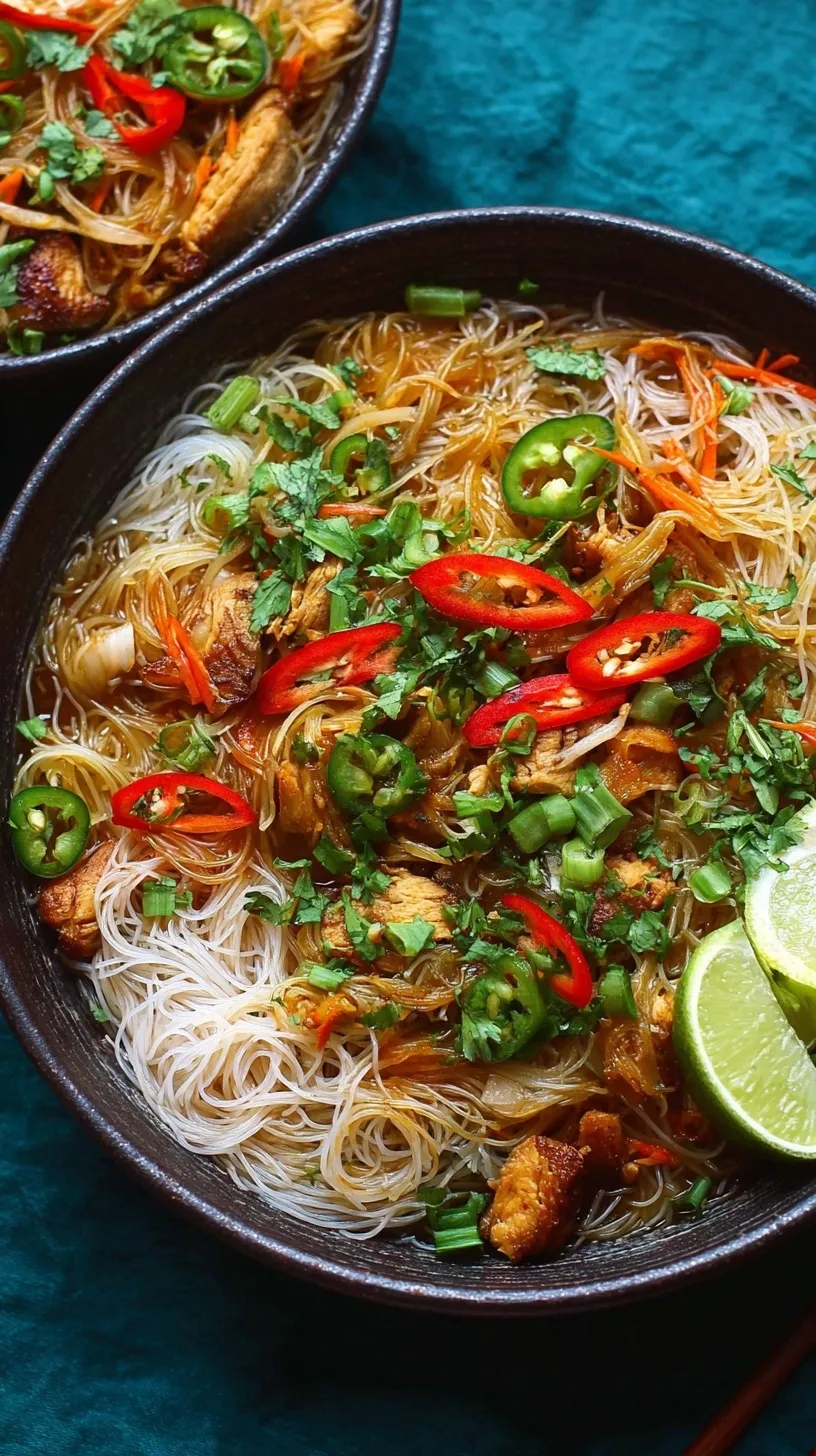 A bowl of high protein chicken vermicelli noodles with bok choy and green onions