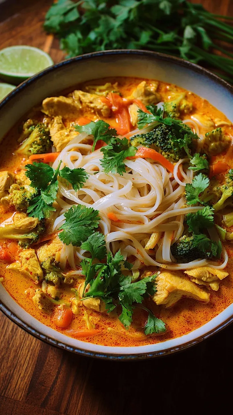 A bowl of coconut curry chicken with rice noodles, snap peas, and fresh cilantro