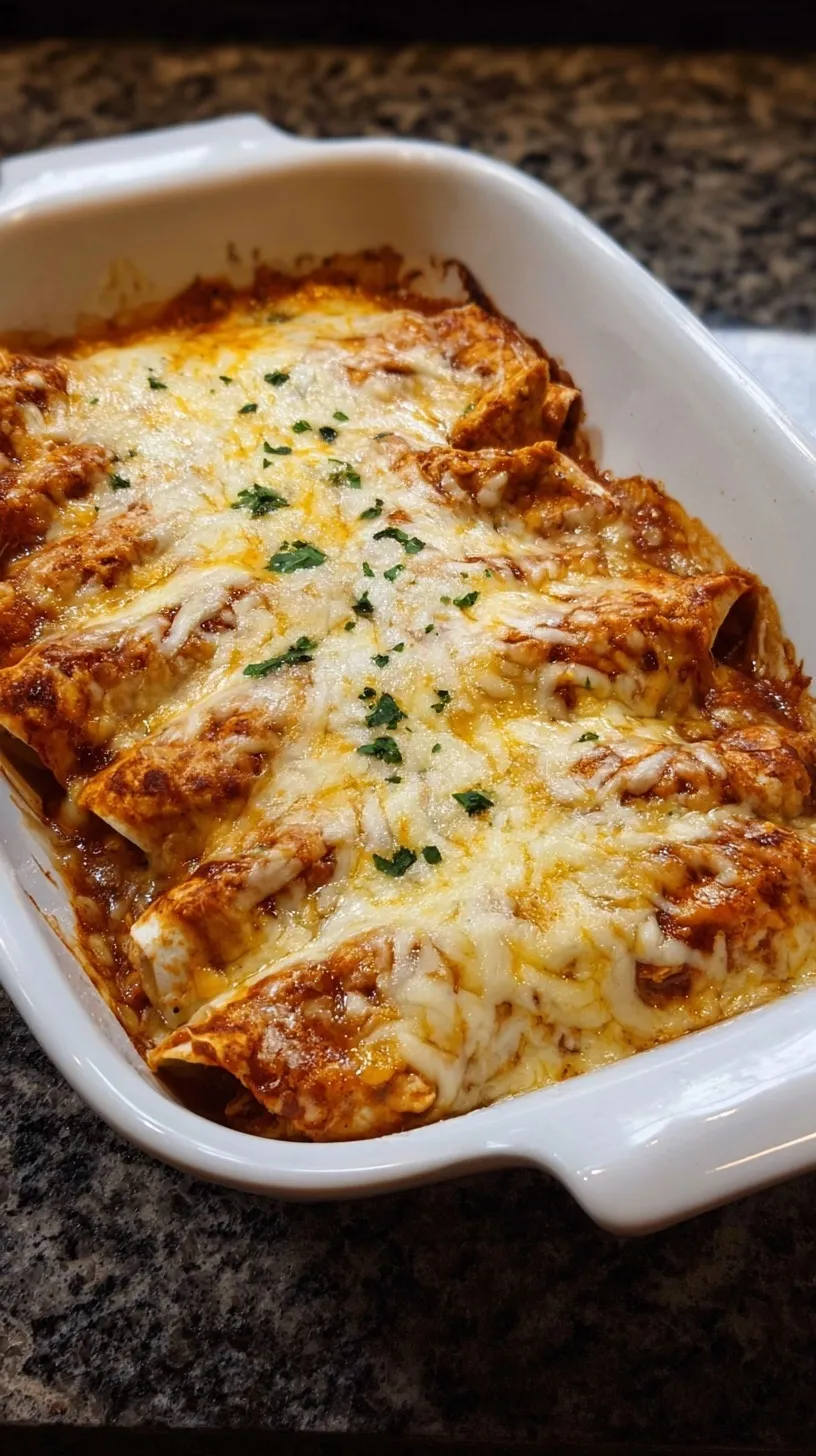 A baking dish filled with golden, bubbly cottage cheese chicken enchiladas garnished with fresh cilantro