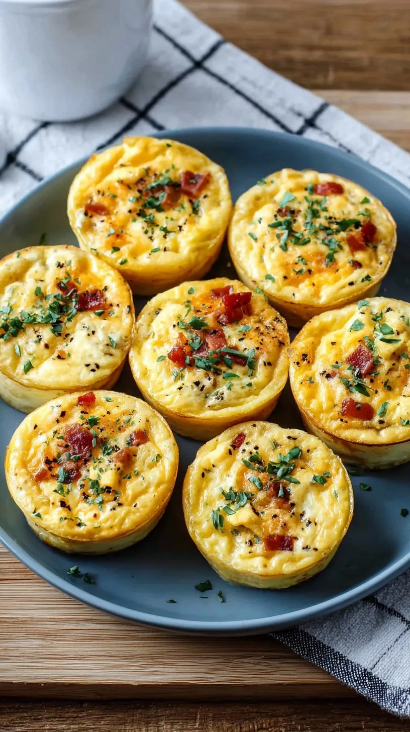 A tray of golden, fluffy egg bites with green spinach and melted cheese on a wooden board.