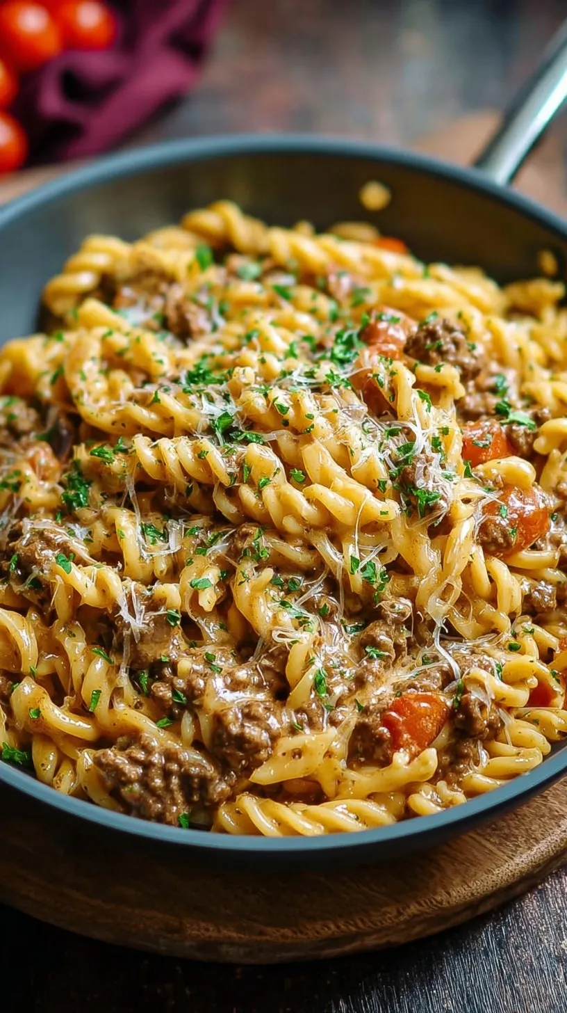 A skillet of creamy beef pasta with spinach and parmesan cheese