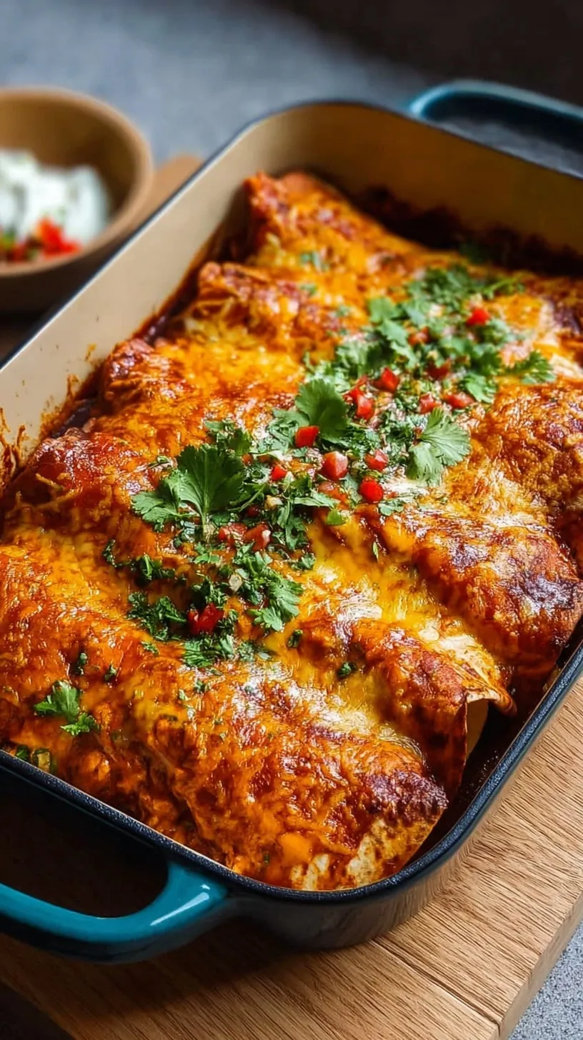 A baking dish filled with creamy chili chicken enchiladas topped with melted cheese and fresh herbs.