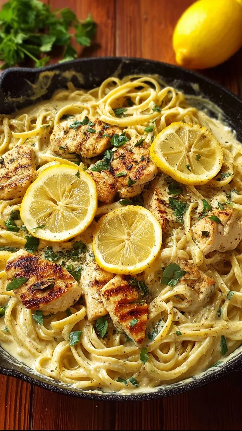 A bowl of creamy lemon chicken pasta with spinach and parsley on a wooden table.