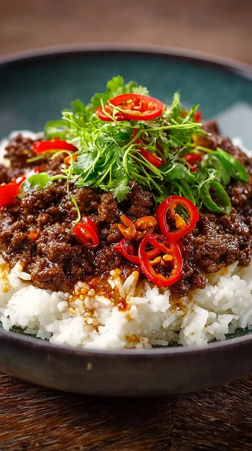 A bowl of crispy chilli beef with red peppers and chillies served over fluffy jasmine rice and garnished with sesame seeds.