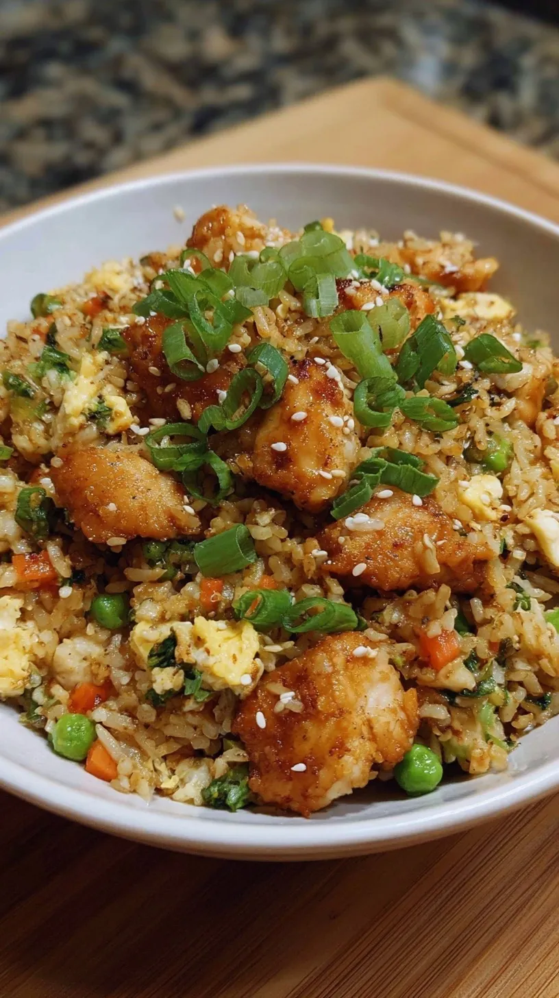 A bowl of crispy garlic chicken fried rice with green onions and golden chicken cubes