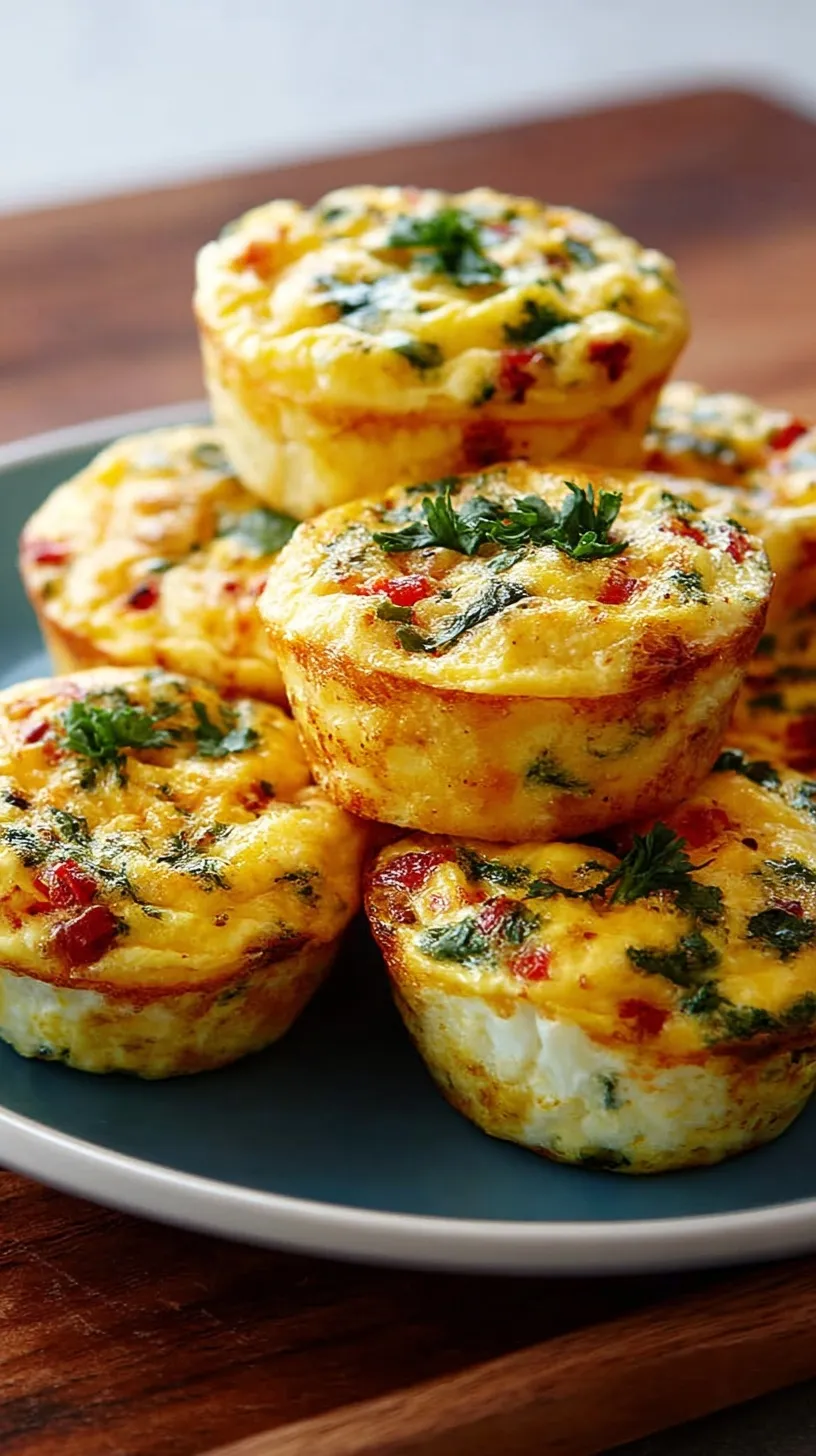 A tray of golden, fluffy egg bites with bacon bits and fresh chives on a white plate.