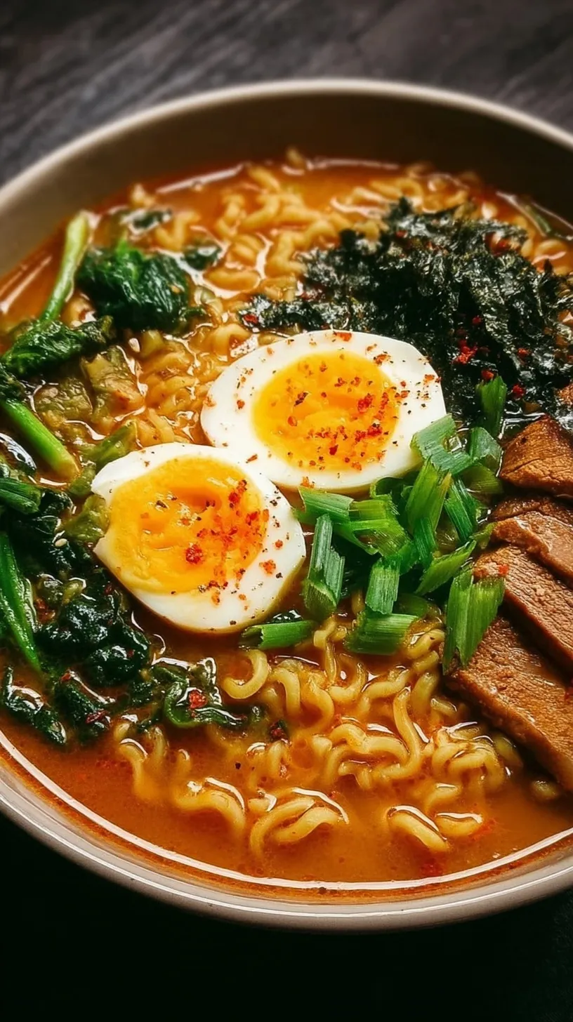 A steaming bowl of high protein ramen noodle soup with sliced chicken, soft boiled eggs, and fresh spinach.