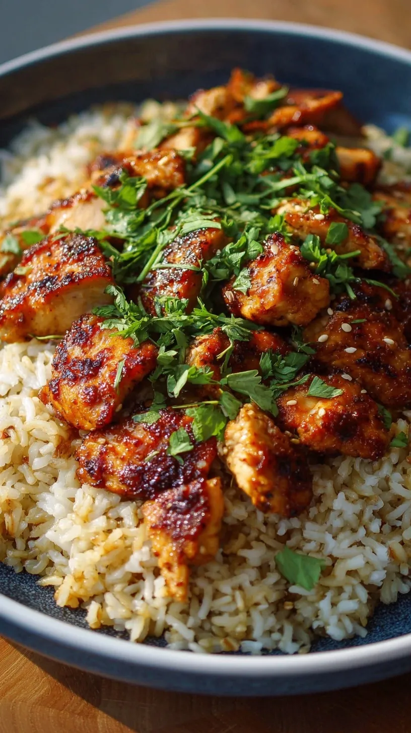 A steaming bowl of garlic chicken and fluffy jasmine rice topped with fresh green onions.