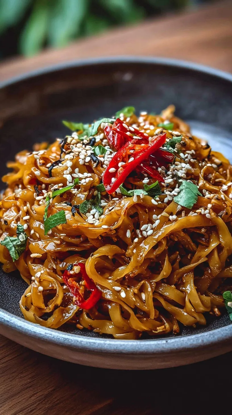 A steaming bowl of garlic chilli noodles with golden chicken and green edamame