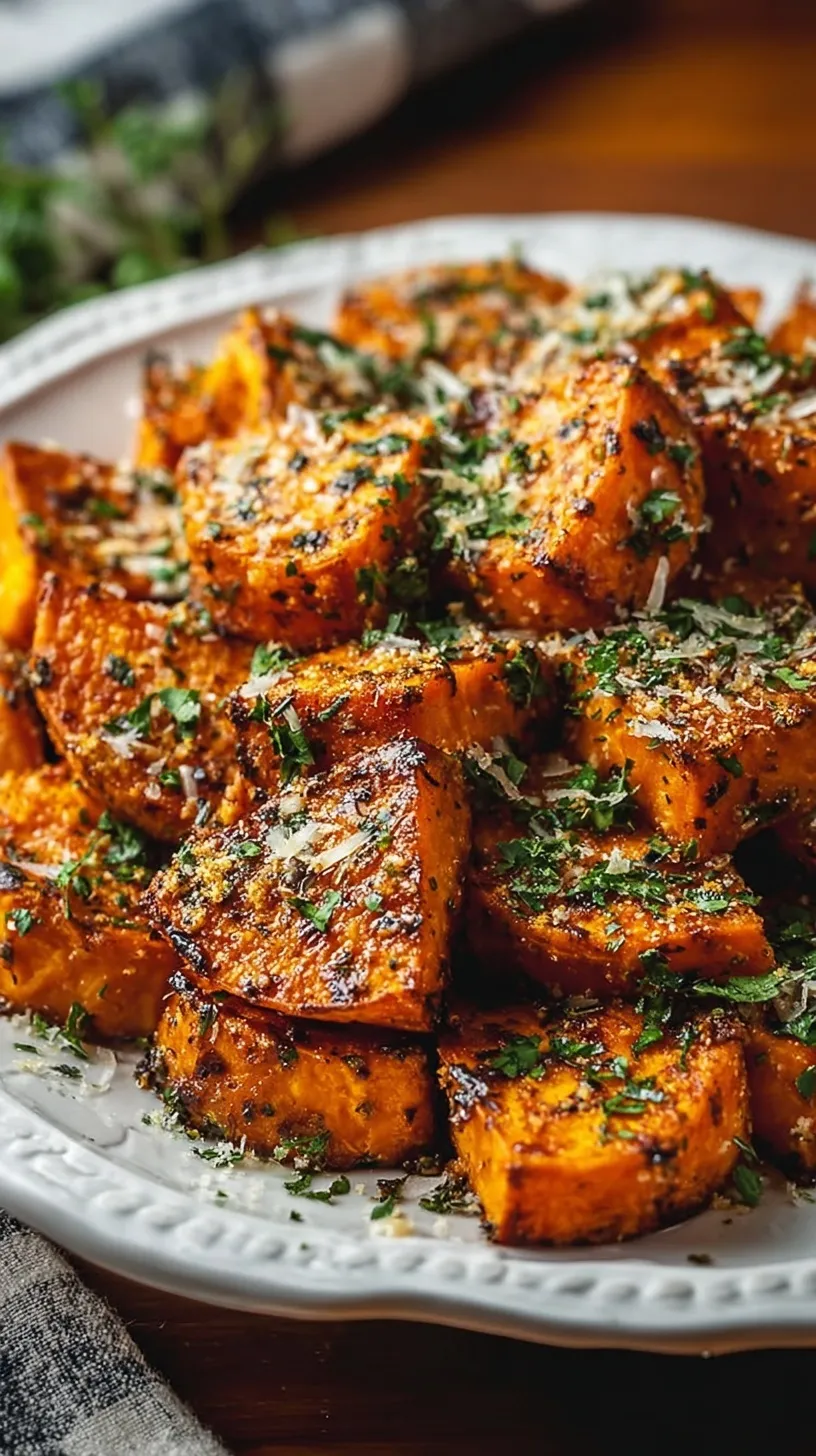 Golden roasted sweet potato cubes with parmesan crust and a creamy garlic yogurt dip.